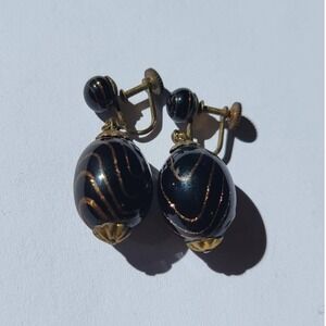 Vintage Dangle Earrings Women Black Gold Excellent Screw Back Glass Bead
